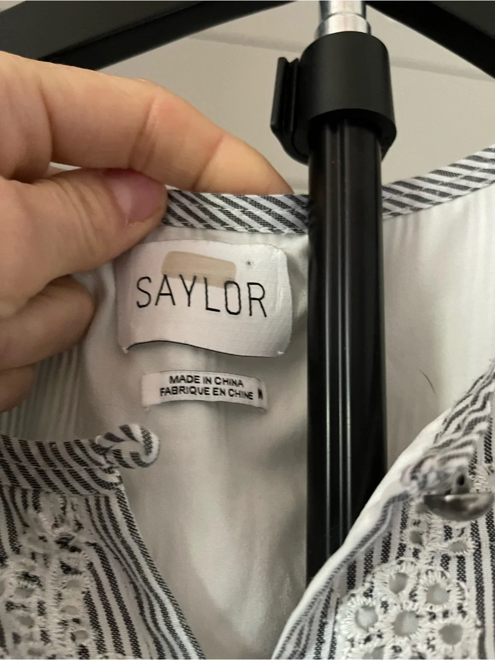 SAYLOR Maliyah White Dress with Gray Pinstripes and Lace Eyelet - Picture 6 of 6